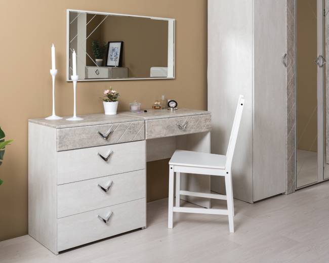 Комод четыре ящика с зеркалом Амели Моби цвет шёлковый камень/бетон чикаго беж