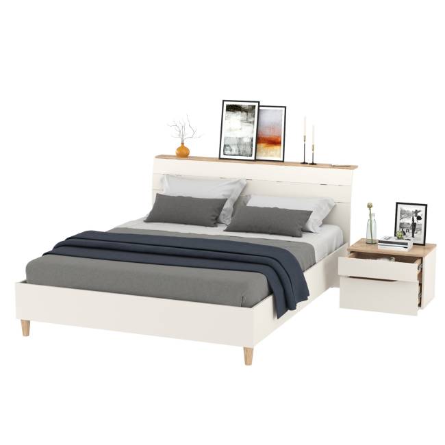 Кровать двуспальная Муссон 1600 с ортопедическим основанием и прикроватная тумба цвет белый/дуб эндгрейн элегантный