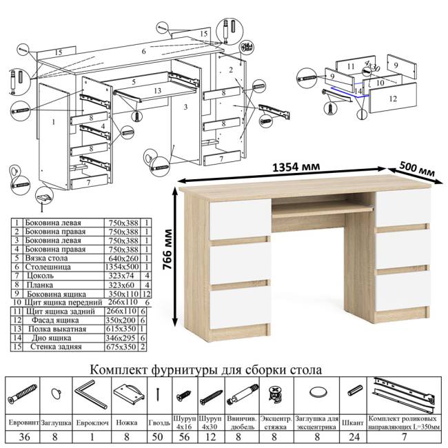 Двухтумбовый компьютерный стол Мори МС-2 с широкой тумбой на 900 цвет дуб сонома/белый