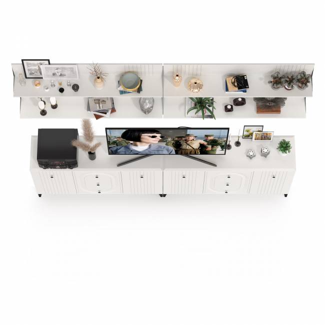 Два широких комода Валенсия и четыре навесных полки цвет белый шагрень
