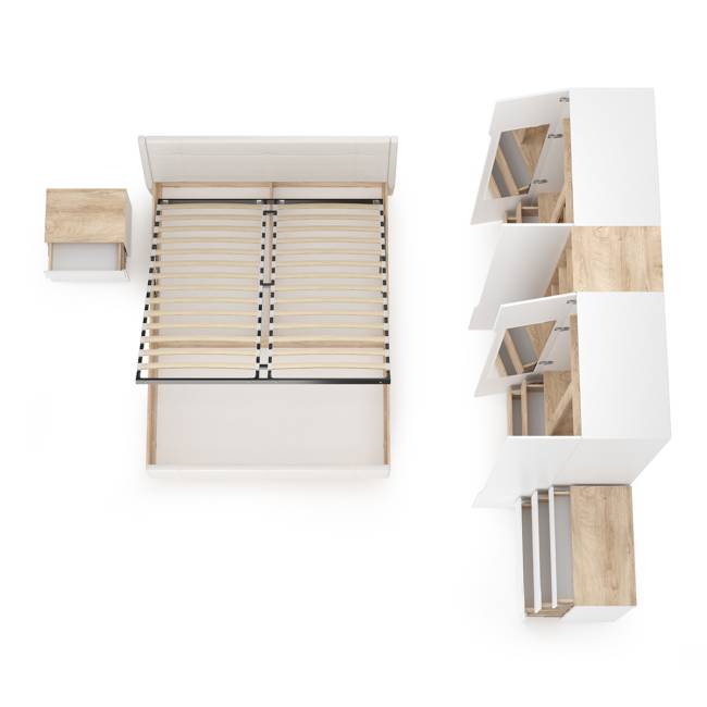 Мебель в спальню Муссон № 5 цвет белый/дуб эндгрейн элегантный/искусственная кожа белая, кровать с подъёмным механизмом 1600