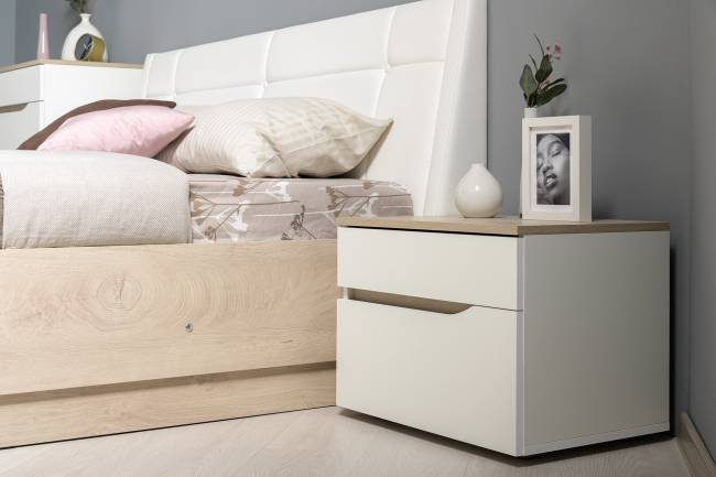 Мебель в спальню Муссон № 5 цвет белый/дуб эндгрейн элегантный/искусственная кожа белая, кровать с подъёмным механизмом 1600