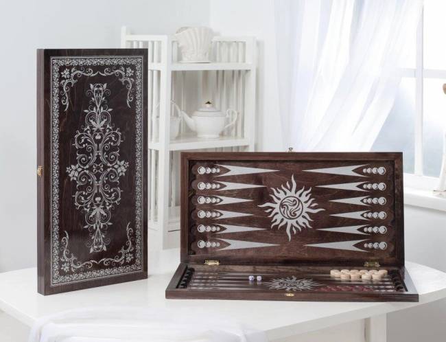 Нарды средние венге, рисунок серебро "Герб" 142-17