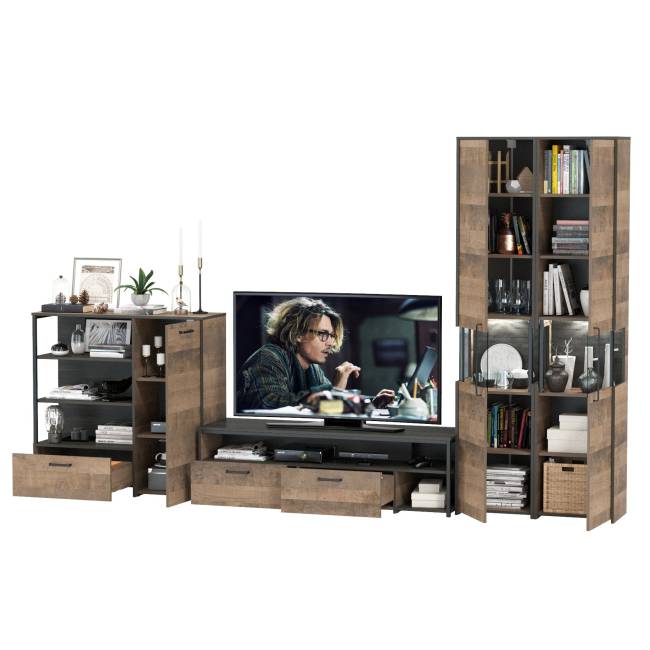 Стенка в гостиную лофт с подсветкой Трувор № 36 цвет дуб гранж песочный/интра Стенка в гостиную лофт с подсветкой Трувор № 36 цвет дуб гранж песочный/интра