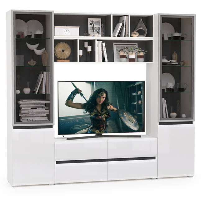 Сидней стенка для гостиной № 38 цвет белый/чёрный/фасады МДФ белый глянец