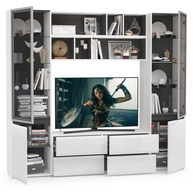 Сидней стенка для гостиной № 38 цвет белый/чёрный/фасады МДФ белый глянец