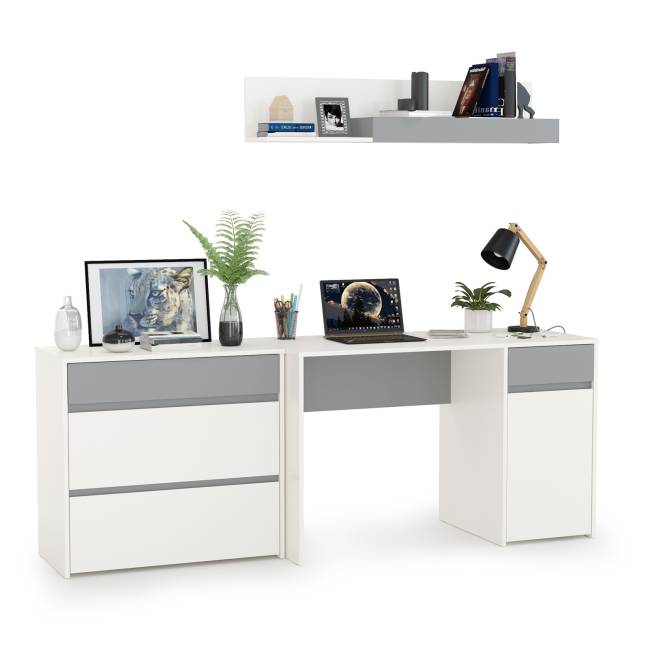 Стол компьютерный с верхней полкой и комодом Торонто цвет белый шагрень/стальной серый