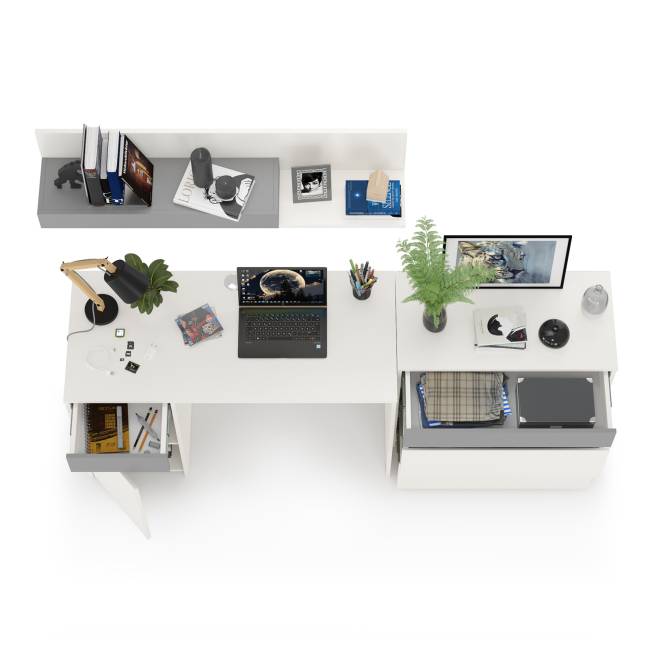 Стол компьютерный с верхней полкой и комодом Торонто цвет белый шагрень/стальной серый