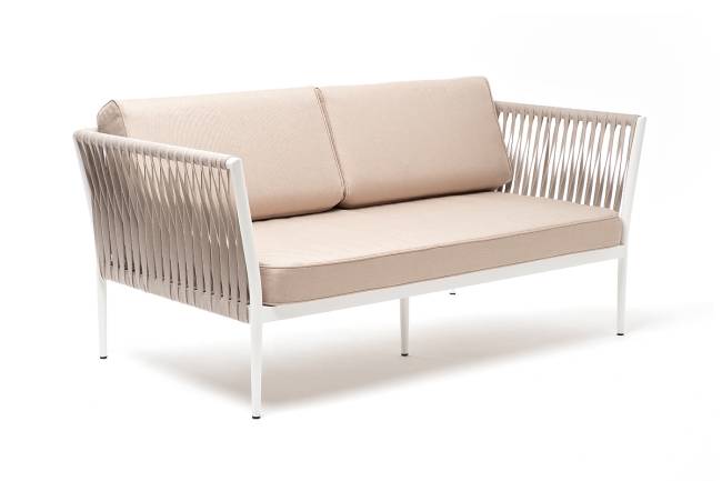 "Касабланка" диван 2-местный плетеный из роупа, каркас алюминий светло-серый (RAL7035) муар, роуп серо-коричневый 23мм, ткань бежевая 052 "Касабланка" диван 2-местный плетеный из роупа, каркас алюминий светло-серый (RAL7035) муар, роуп серо-коричневый 23мм, ткань бежевая 052