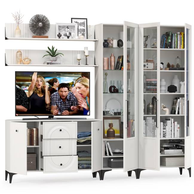 Тумба-комод и шкаф с тремя стеклянными дверками в гостиную Валенсия цвет белый шагрень Тумба-комод и шкаф с тремя стеклянными дверками в гостиную Валенсия цвет белый шагрень