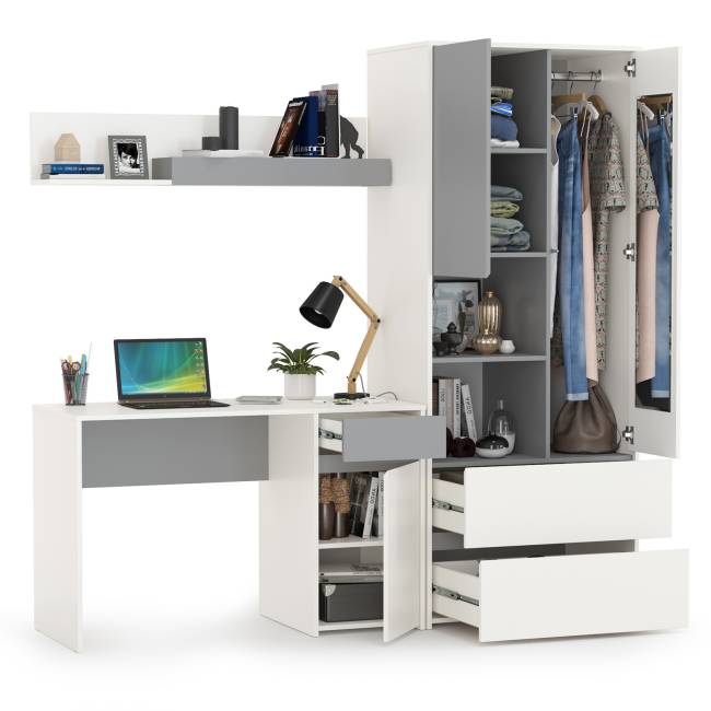 Рабочий стол с полкой и шкафом для одежды Торонто цвет белый шагрень/стальной серый Рабочий стол с полкой и шкафом для одежды Торонто цвет белый шагрень/стальной серый