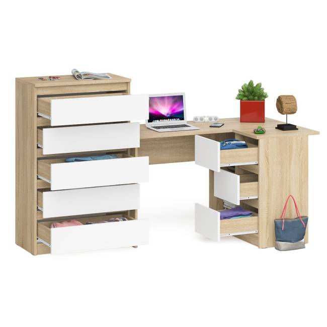 Высокий комод 700 пять ящиков и угловой компьютерный стол МС-16 правый серии Мори цвет дуб сонома/белый