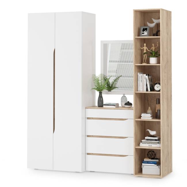 Комплект Муссон Шкаф + Стеллаж + Комод + Зеркало цвет белый/дуб эндгрейн элегантный