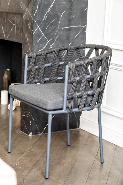 "Диего" стул плетеный из роупа, каркас из стали серый (RAL7022) муар, роуп темно-серый круглый, ткань темно-серая 027 "Диего" стул плетеный из роупа, каркас из стали серый (RAL7022) муар, роуп темно-серый круглый, ткань темно-серая 027