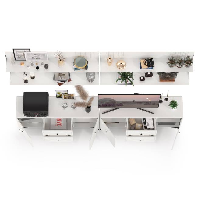 Две ТВ-тумбы и четыре навесных полки Валенсия цвет белый шагрень