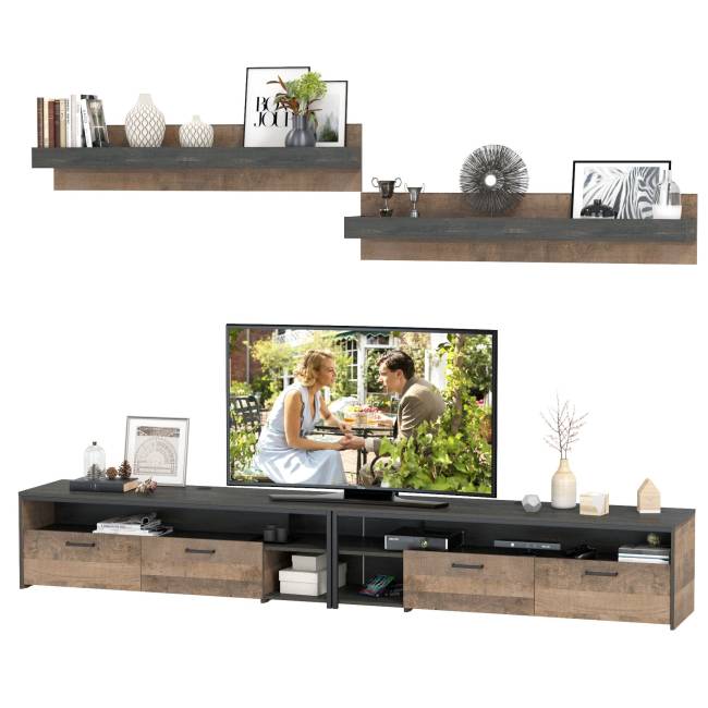 Две тумбы для аппаратуры с двумя навесными полками Трувор цвет дуб гранж песочный/интра Две тумбы для аппаратуры с двумя навесными полками Трувор цвет дуб гранж песочный/интра