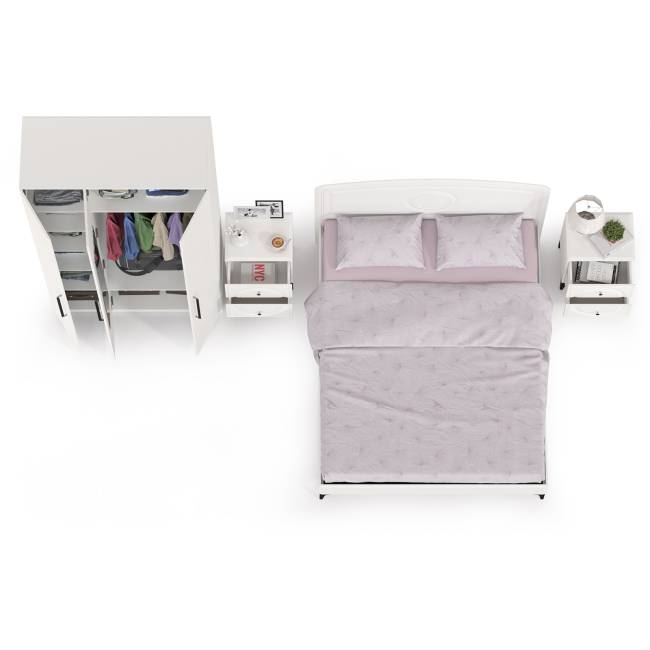 3-х дверный шкаф с кроватью на 1600 Валенсия и двумя тумбочками цвет белый шагрень 3-х дверный шкаф с кроватью на 1600 Валенсия и двумя тумбочками цвет белый шагрень