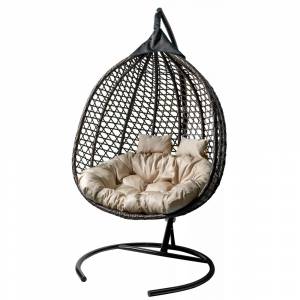 Кресло подвесное двойное Фиджи, стойка+основание.черн.,корзн.корич.,подуш.беж
