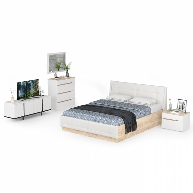 Комплект мебели Муссон № 19 в Вашу спальню цвет белый/чёрный/дуб эндгрейн элегантный/кожзам белый