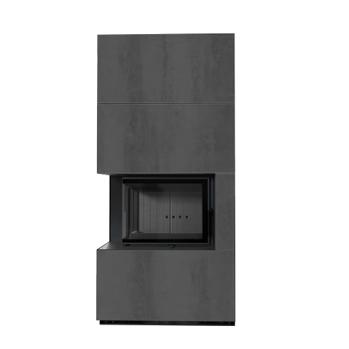 Каминокомплект Kratki PRO FLOKI NATURALI PIETRA DI SAVOIA ANTRANCITE BOCCIARDATA, угловое стекло слева