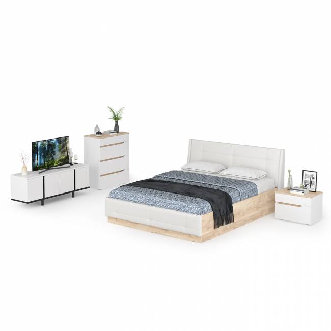 Набор мебели для спальни Муссон с кроватью 1600 цвет белый/чёрный/дуб эндгрейн элегантный/кожзам белый