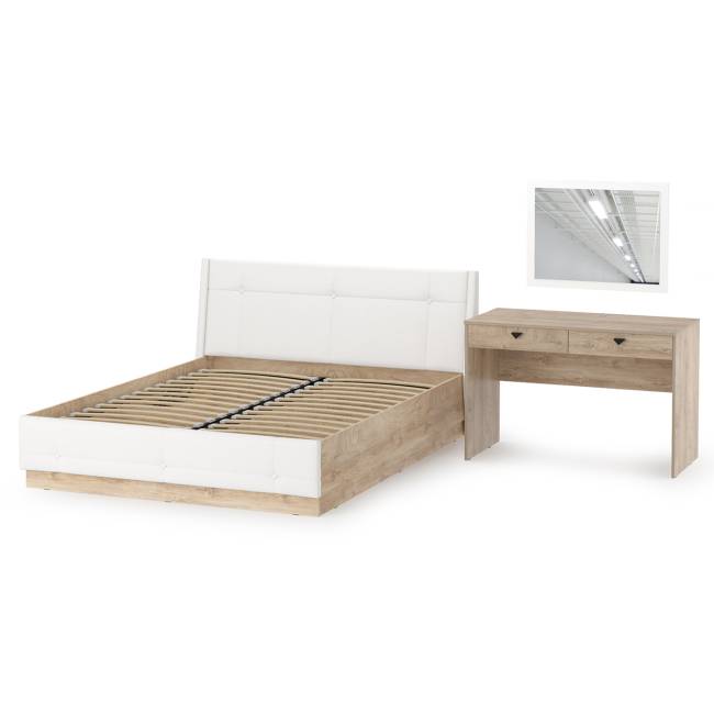 Кровать Муссон с подъёмным ортопедом и стол Бостон с зеркалом цвет белый/дуб эндгрейн элегантный/кожзам белый