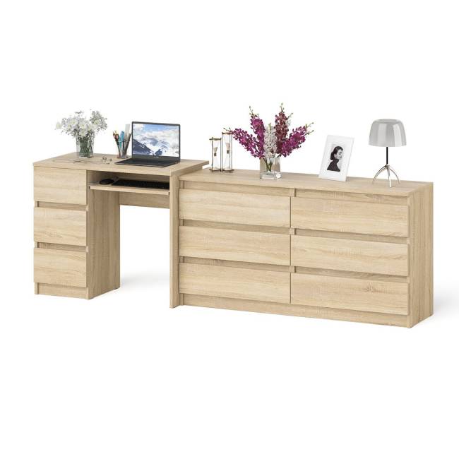Широкий комод Мори МК1380.6 и стол компьютерный МС-6 три ящика слева цвет дуб сонома Широкий комод Мори МК1380.6 и стол компьютерный МС-6 три ящика слева цвет дуб сонома