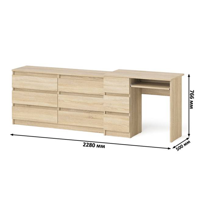 Широкий комод Мори МК1380.6 и стол компьютерный МС-6 три ящика слева цвет дуб сонома Широкий комод Мори МК1380.6 и стол компьютерный МС-6 три ящика слева цвет дуб сонома