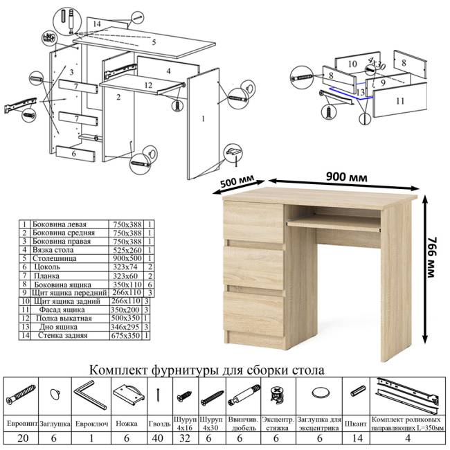 Широкий комод Мори МК1380.6 и стол компьютерный МС-6 три ящика слева цвет дуб сонома Широкий комод Мори МК1380.6 и стол компьютерный МС-6 три ящика слева цвет дуб сонома