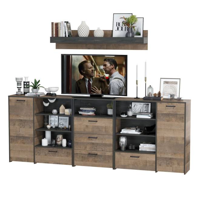 Два комода с дверкой и ящиком с навесной полкой и комодом с тремя ящиками Трувор цвет дуб гранж песочный/интра Два комода с дверкой и ящиком с навесной полкой и комодом с тремя ящиками Трувор цвет дуб гранж песочный/интра