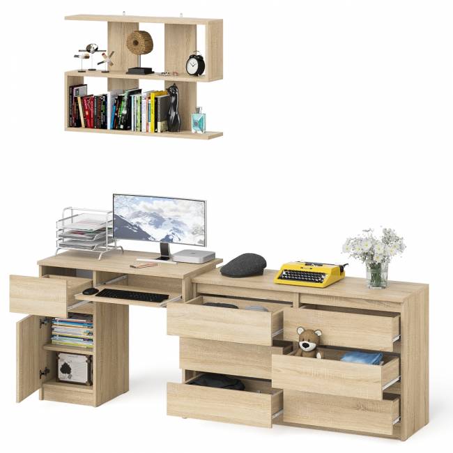 Большой комод на 6-ть ящиков Мори с компьютерным столом МС-1 левый и полка открытая на 900 цвет дуб сонома Большой комод на 6-ть ящиков Мори с компьютерным столом МС-1 левый и полка открытая на 900 цвет дуб сонома