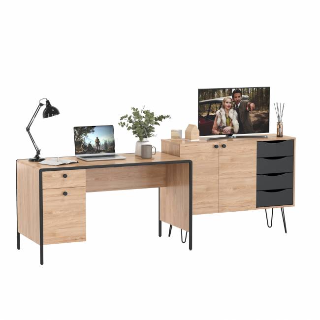 Брюс письменный стол с комодом цвет чёрный/Battle rock Santiago/столешница МДФ ель карпатская Брюс письменный стол с комодом цвет чёрный/Battle rock Santiago/столешница МДФ ель карпатская