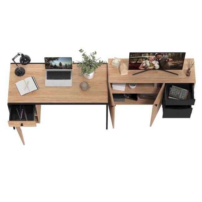 Брюс письменный стол с комодом цвет чёрный/Battle rock Santiago/столешница МДФ ель карпатская Брюс письменный стол с комодом цвет чёрный/Battle rock Santiago/столешница МДФ ель карпатская