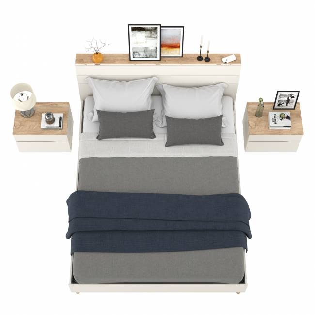 Две прикроватных тумбочки и кровать с основанием 1600 Муссон 11.41 цвет белый/дуб эндгрейн элегантный