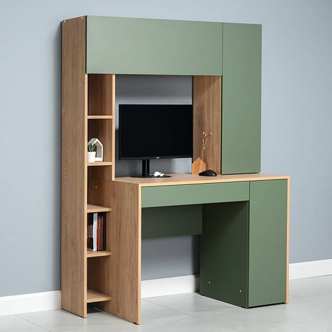 Рабочий компьютерный стол Комфорт 12.71 цвет гикори рокфорд натуральный/дымчатый зелёный