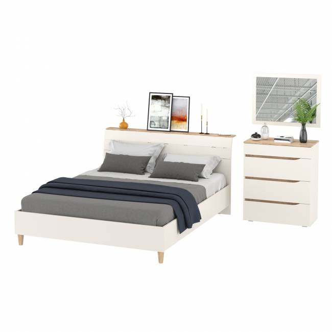 Кровать 1600 двуспальная Муссон 11.41 с основанием и комод с зеркалом цвет белый/дуб эндгрейн элегантный