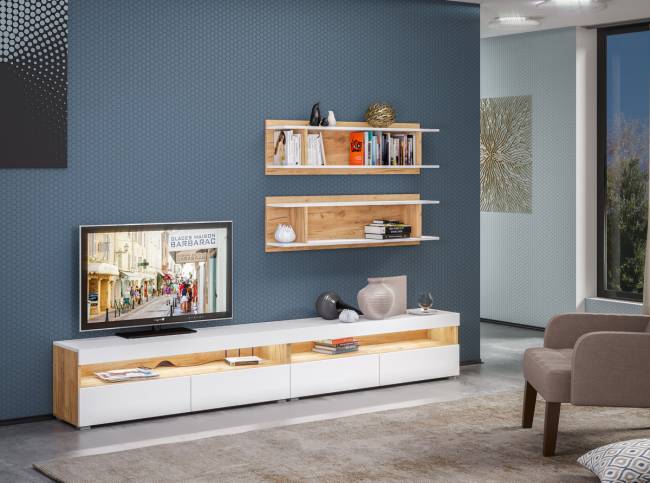 Тумба под ТВ Альба цвет дуб крафт золотой/белый премиум