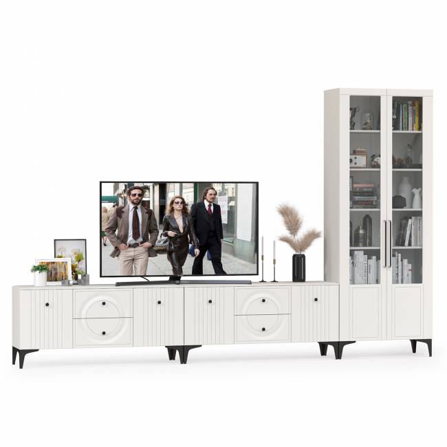 Две тумбы под аппаратуру и сервант Валенсия цвет белый шагрень Две тумбы под аппаратуру и сервант Валенсия цвет белый шагрень